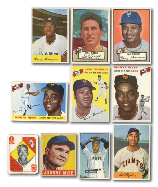N.Y. GIANTS CARD LOT OF (10) 1948-55 LEAF, TOPPS & BOWMAN INCL. JOHNNY MIZE, MONTE IRVIN, ETC.